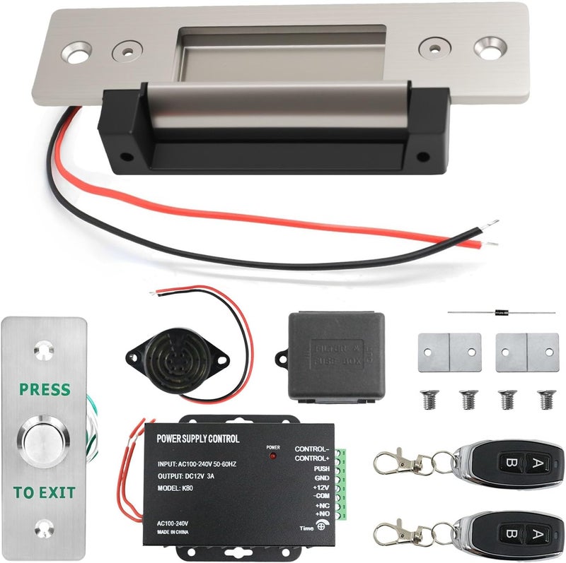WIRELEL Upgraded Access Control Electric Strike Door Lock Kit, Fail-Secure/Fail-Safe Wireless Door Buzzer Entry System for Cylindrical Mechanical locksets,with Remote Control, Button, Buzzer, Power Adapter - Image 1